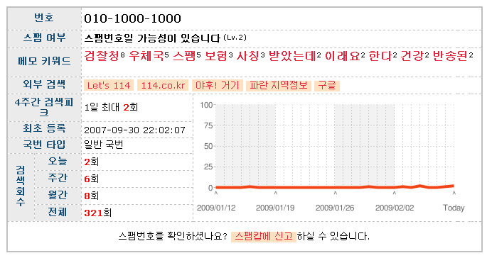 스팸전화번호인지 확인하는 장면