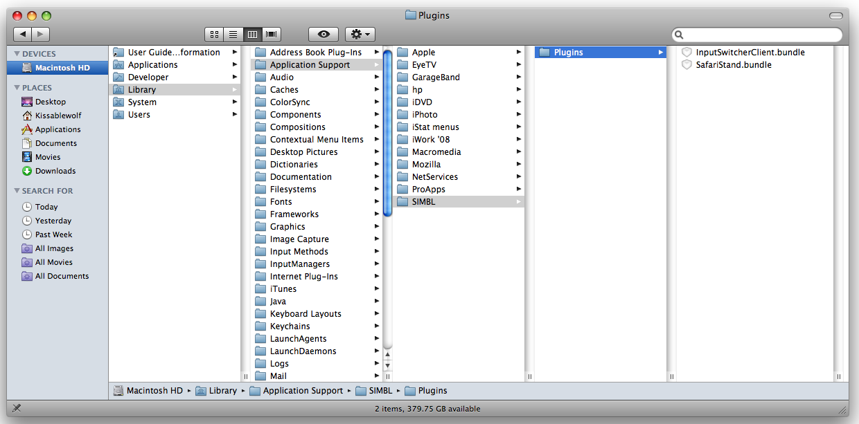 Macintosh HD > Library > Application Support > SIMBL > Plugins 로 옮긴다.